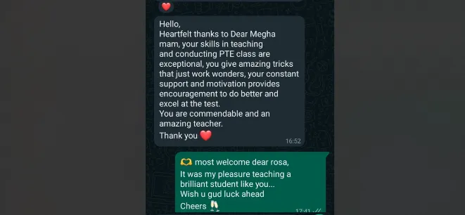 Rosa's Praise for PTE Coaching & Strategy Sessions with Megha Ma'am