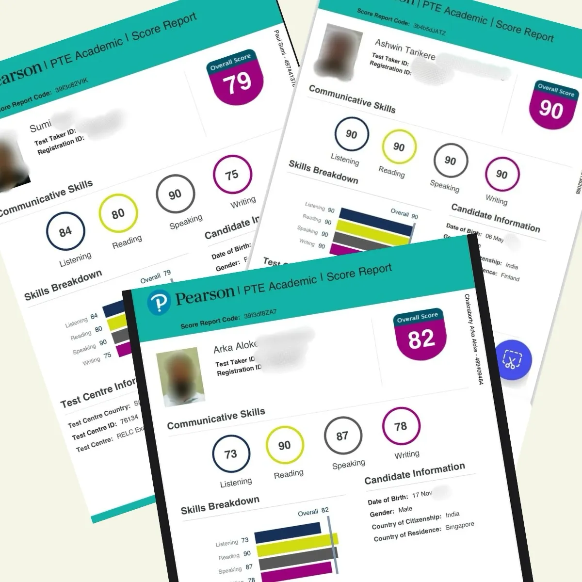 Pearson PTE Academic Scorecards (Perfect 90, 82 & 79 Overall Scores)